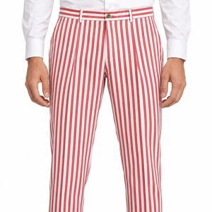 Mens 36 Red White Striped Cotton Slim Fit Flat Front Dress Pants Trousers NWT